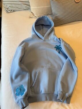 Light Blue Kids Hoodie with Palm & Floral Embroidery
